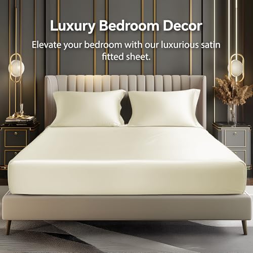 BEDELITE Satin Fitted Sheet and Pillowcases Set, Luxury Soft Similar to Silk Bottom Bedsheet with Elastic Corner Straps, Deep Pocket up to 15 Inch, 1 Fitted Sheet and 2 Pillowcases(Queen, Beige)