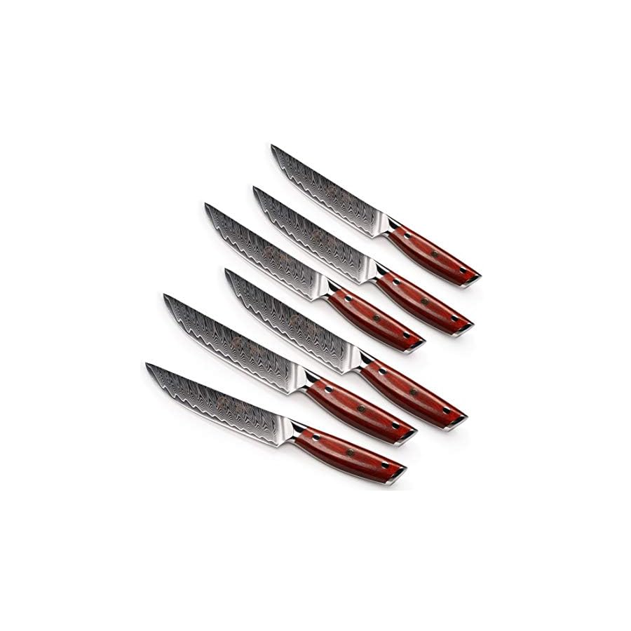 YARENH Steak Knives Set of 6-5-inch High Carbon Damascus Steel Blade, 67 Layers, Sharp Non-Serrated Edge, Natural Wood Handle - Ideal for Table Dinners and Fruit Pairing