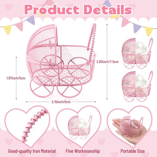 Image of Threehoney 48 Pcs Baby Shower Mini Carriage Decoration White Metal Wired Fillable Candy Stroller Baby Shower Table Centerpiece for Guest Gender Reveal Wedding Party Favor Gift