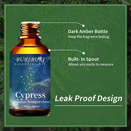 Image of BURIBURI 100ML Cypress Essential Oil, 100% Pure Undiluted Aromatherapy Cypress Oil 3.38fl.oz for Soap, Candle Making, Massage, Diffuser, Humidifier