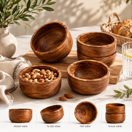 Image of BAUZINI Acacia Wood Bowl Natural Wooden Serving Bowls for Snacks, Dry Fruits, Salad, Fruits & Desserts Handcrafted Food Safe Wooden Bowls Premium Kitchen & Dining Bowl Set (pck of 6)