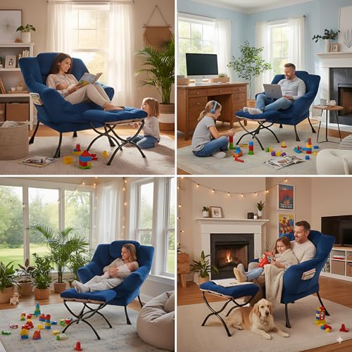 Image of LITA Lazy Chair with Ottoman, Modern Accent Leisure Upholstered Sofa Chair, Contemporary Lounge Reading Chairs with Armrests and a Side Pocket for Living Room, Bedroom & Small Space, Royal Blue
