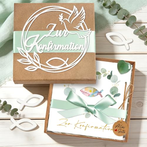 Konfirmation Geschenke für Mädchen Junge Elegante Geldgeschenk Konfirmation Verpackung Geschenkbox & Karte & Grüner Glücksstein & Holzfische Konfirmationsgeschenk Eukalyptus Konfirmationskarten