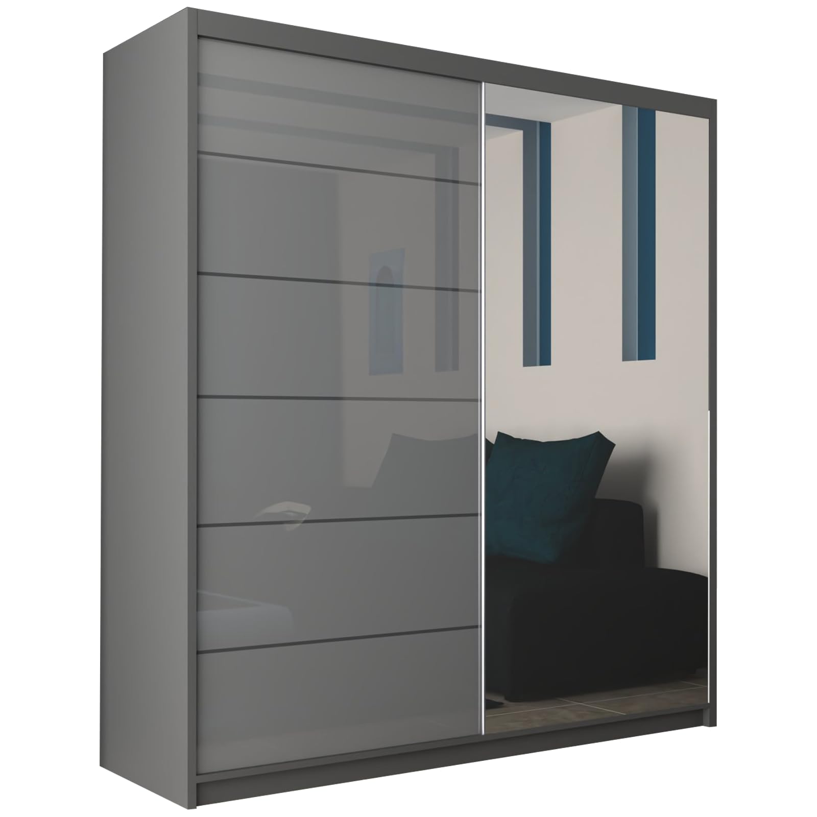 MN Furniture Amsterdem High Gloss and Mirror Sliding Double Door Wardrobe 150cm 180cm (Grey, 150cm)