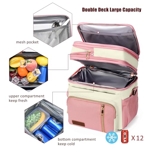 Image of MIYCOO Lunch Bag & Lunch Box for Women Men, Double Deck Leakproof Insulated Soft Large Adult Camping Cooler bag for Work, Beach, Picnic, Travel (Pink White, 15L)