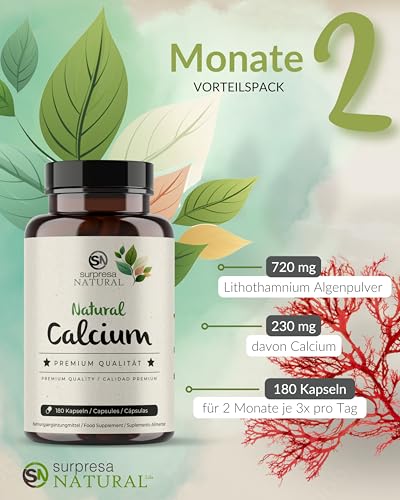 Surpresa Natural Calcium Kapseln hochdosiert I 180 Kapseln I 230 mg natürliches Kalzium pro Kapsel I natürliches, aus Algen gewonnenes Kalzium I Nahrungsergänzungsmittel vegan & laborgeprüft