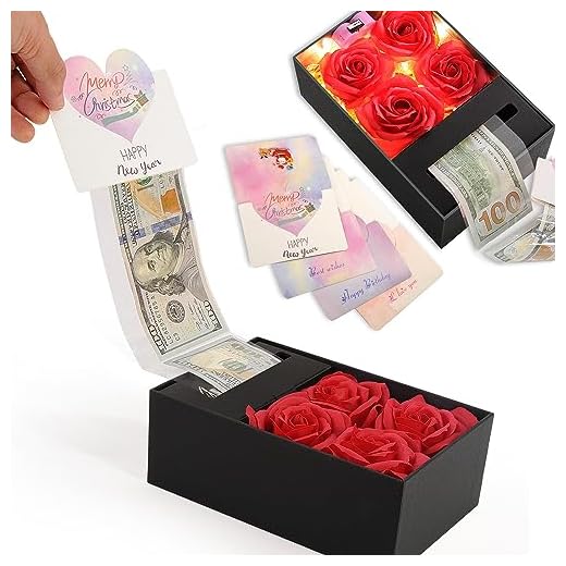 Caixa de dinheiro para puxar de presente, caixas de presente de dinheiro para dinheiro no aniversário, Natal, formatura, dia das mães, para marido, esposa, namorada, mãe com sabão rosa flor e cartões comemorativos (preto + vermelho)