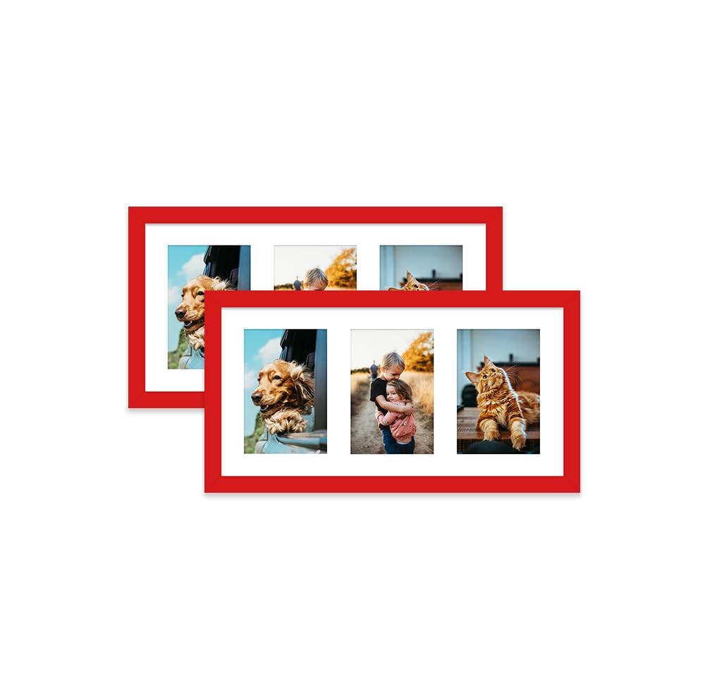 Red Multi Photo Frame - Holds 3 x 6x4 Pictures, Family Collage Picture Frame for Wall Display, 8x16 Panoramic Frame Size, Set of 2 โ image 1