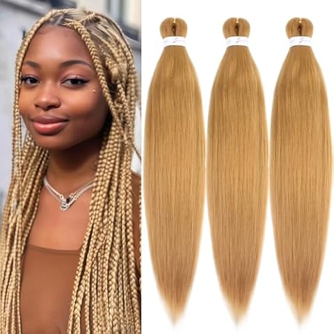 ADIASAI Braiding Hair Pre Stretched 24 Inch 3 Packs, Honey Blonde Pre stretched Braiding Hair for Professional Braiding Hair Extensions, Hot Water Setting Yaki Texture Synthetic Hair(27#) Cover