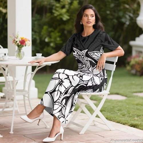 Image of Polynesian Dress for Women Short Sleeve High Waist Maxi Skirt | Puletasi dress, t-shirt and skirt two-piece, elastic material, lightweight, soft, plus size, luau party, wedding, clubwear