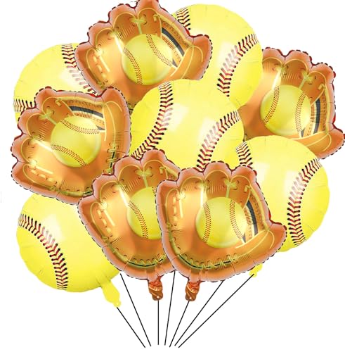 CSTYWC 10PC Softball Foil Balloons: 5x18" Inch, 5x20" Inch Softball Glove Balloons - Yellow, Baseball Themed - Birthday Party Supplies