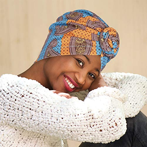 BKpearl 3 Packs Women Turban, African Pattern Knot Sleep Hat Headwrap Beanie Pre-Tied Bonnet Chemo Cap Hair Loss Hat (Style 1)