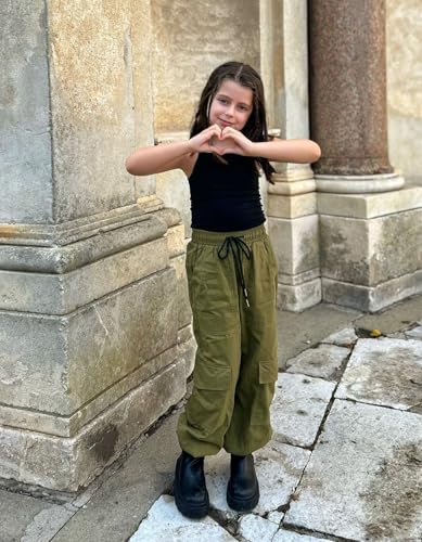 Image of Girls Cargo Pants Elastic Waist Casual Jogger Pants for Girls Streetwear Loose Parachute with Pockets 7-14Years