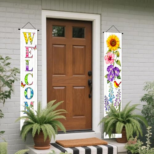 Image of Nuxovilar Welcome Floral Bird Porch Banners 12x70 Inches Polyester | Spring Porch Sign, Hanging Decor Floral welcome Banner, Avian Wreath Accent Yard, Patio, Home (Welcome Bird)