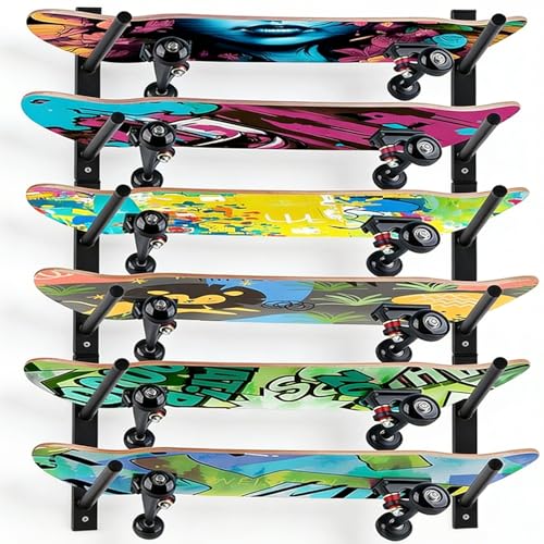 BONJUME Support Mural pour Skateboards, Porte-Skateboards à 6 Niveaux étagère en Acier Noir Support De Rangement Mural Universel pour 6 Skateboards...