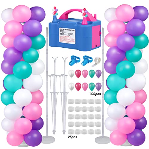 Gifts2U Balloon Column Stand and Balloon Pump, Electric Balloon Pump with 2 Sets 7Ft Ajustable Balloon Column Kits and 100 Pcs Balloons for Graduation Birthday Party Home Decoration (100-110V 600W)