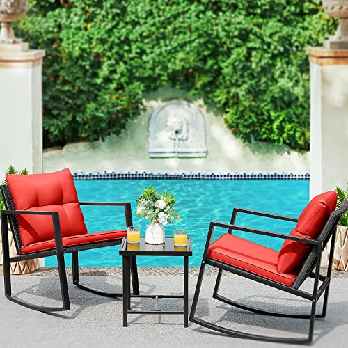 Devoko 3 Piece Rocking Bistro Set Wicker Patio Outdoor Furniture Porch Chairs Conversation Sets With Glass Coffee Table (Red) #TOP5