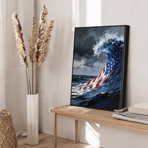 Image of American Flag Framed Canvas Wall Art, 4th of July Red White Blue Canvas Prints, USA Flag Ocean Waves Abstract Patriotic Decorations, Independence Day Wall Decor for Bedroom Living Room Office 6x8