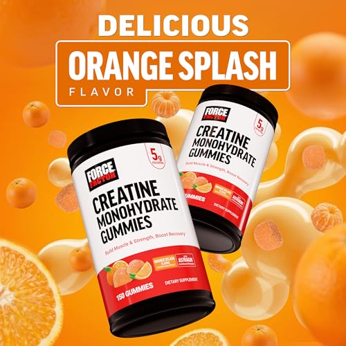Image of Force Factor Creatine Monohydrate Gummies, 5g Dose for Men & Women to Support Muscle, Strength, Recovery, Cognitive Health & Memory, Orange Splash Flavor, 150 Gummies