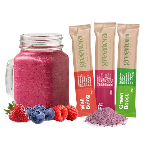 GREENORA Smoothie Vegan fruta liofilizada pó 100% natural. Desidratada. Morango maçã gengibre manga beterraba espirulina. Sem açúcar adicionado 9 x 24 g