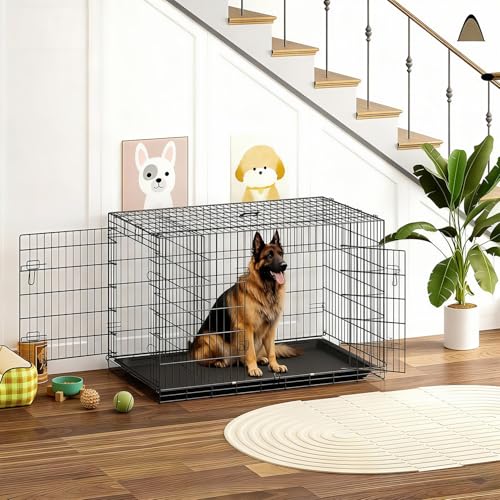 BestOffice Hundekäfig, klappbar, mit 2 Türen, ausziehbar Kunststofftablett und Griff, Hundetransportbox für Reisen, 122x74x79cm, XXL, Transportbox- Haustiere, Innen und Außenbereich, Schwarz