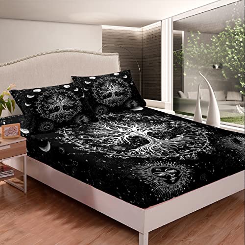 Loussiesd Sun and Moon Bed Sheet Set Bohemian Tree Butterfly Psychedelic Hippie Fitted Sheet for Boys Girls Galaxy Astrology Double Size - Image 2