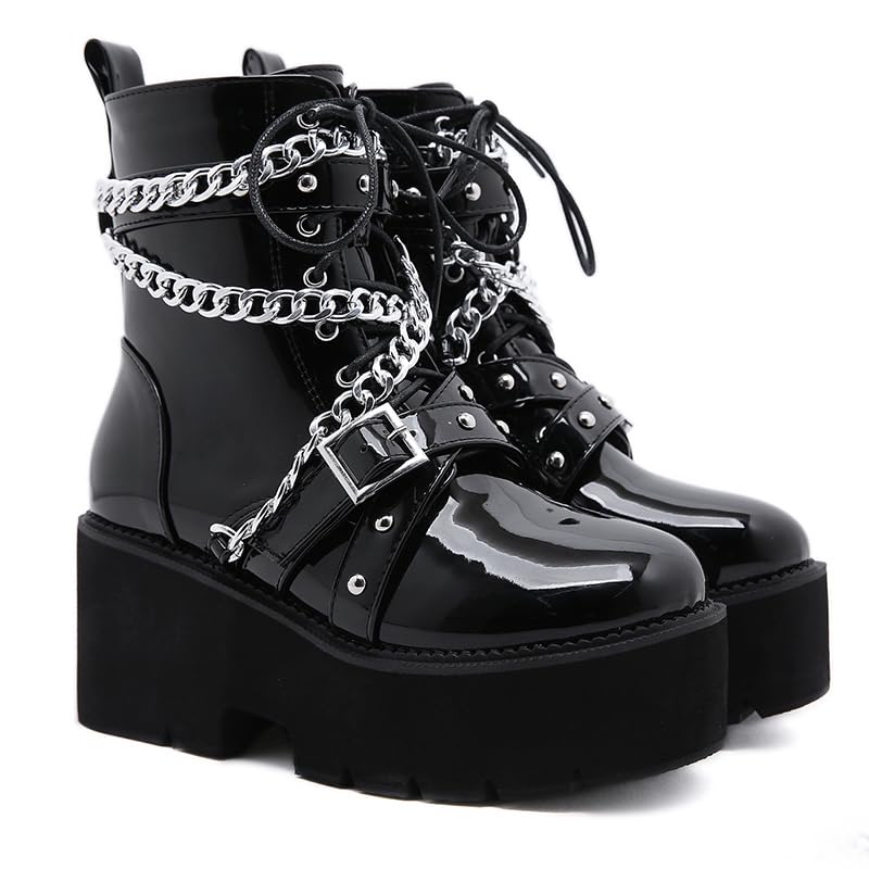 Womens Fashion Goth Boots Black Chunky Platform Combat Ankle Booties Zipper Punk Boots Mid Calf Boots for Women