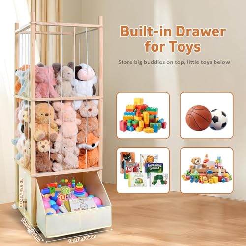 Image of Stuffed Animal Storage with Tiny Toys Tray, Wood Stuffed Animal Zoo Storage with Brake Wheels, Space-Saving Plushie Playhouse for Nursery, Playroom, Kids Bedroom- Easy Assembly