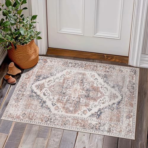 TOPICK Tapis Entree Interieur 60x90cm Tapis Oriental avec Motif Floral Petit Tapis Exterieur Lavable en Machine Tapis Vintage Rouge Descente de Lit Chambre...