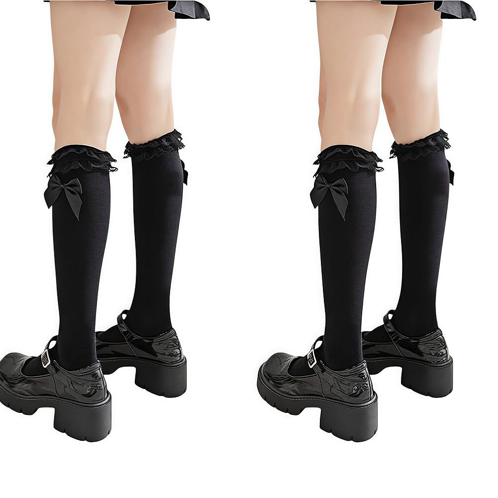 Akamas Women's Black 2 Pairs Cute Lace Frilly Bowknot Thigh High Stockings,Pretty Ruffle Cotton Bow Knee High Socks,Sweet Breathable Lolita Dress Calf Socks,Classic Cosplay Long Crew Socks