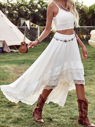 Women Lace Irregular Maxi Skirt High Low Asymmetrical Ruffles Hem Elastic Waist Long Skirt2