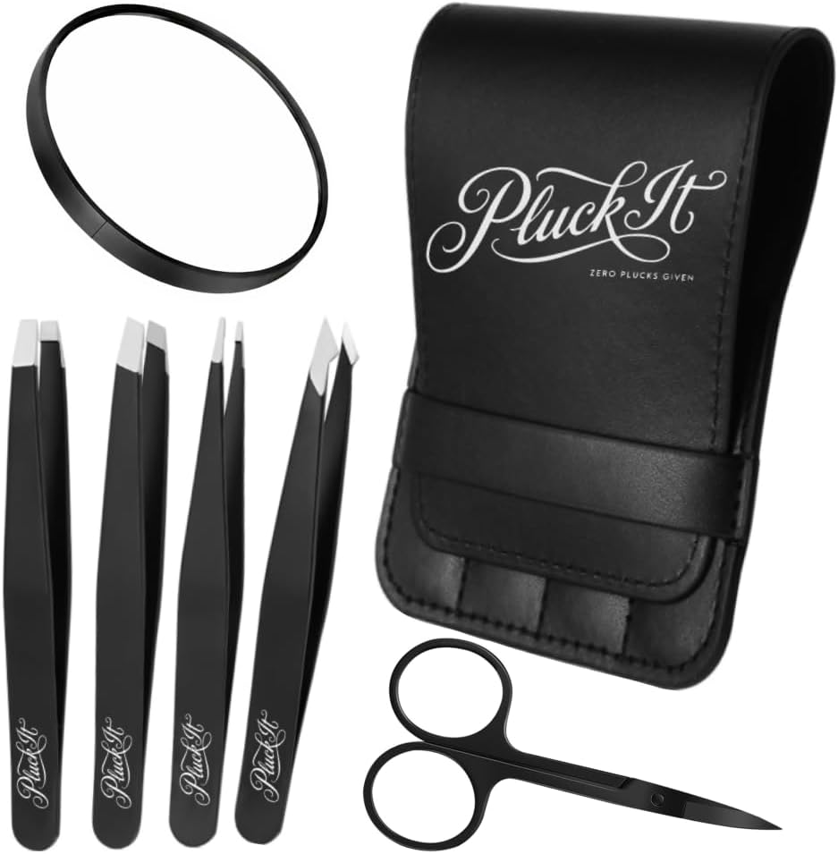 Pluck It 7pc Eyebrow Kit & Tweezers for Facial Hair Women & Men, Professional Precision Tweezers Eyebrow Set with 5X Magnifying Mirror & Scissors, Pince à Épiler, Travel Case