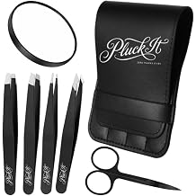 Pluck It 7pc Eyebrow Kit & Tweezers for Facial Hair Women & Men, Professional Precision Tweezers Eyebrow Set with 5X Magnifying Mirror & Scissors, Pince a Epiler, Travel Case