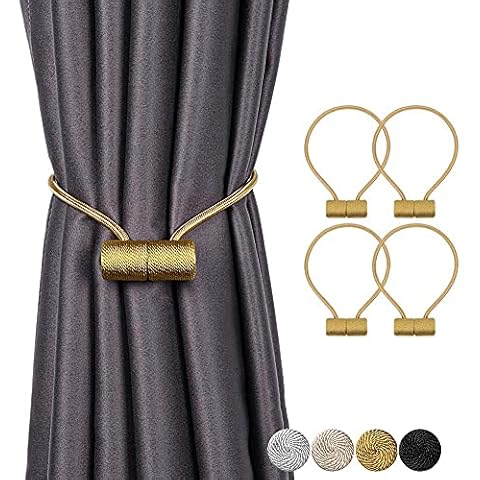 Magnetic Curtain Tiebacks, Strong Magnetic Window Curtain Tiebacks Clips Decorative Rope Holdbacks Drapery Curtain Tie Backs Weave Holder for Window Draperies Hold Curtains Drape Ties Backs (4, Gold) Cover