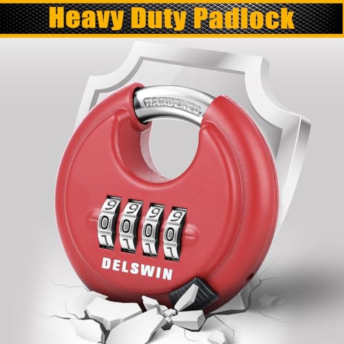 Image of DELSWIN 4-Digit Disc Combination Lock Outdoor - Heavy Duty Combination Padlocks with Hardened Steel Shackle Weatherproof Combo Locks for Gates,Sheds,Fence,Storage Unit (3 /8 inch Shackle, Black and Red)