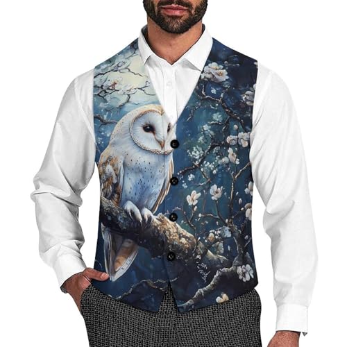 Owl Flowers Moon Trendy Vest Suit for Men V Neck Formal Dress Waistcoat Vests Business Slim Fit