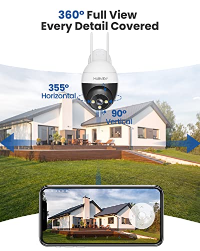 Mubview 2K Security Camera Outdoor, Security Cameras With 360° Pzt View, 2.4G Wifi Wired Home Surveillance Cameras, Color Night Vision, Motion Detection, Siren, 2 Way Talk, 24/7, Works With Alexa #TOP2