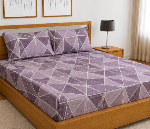 Image of Fitted Bedsheet Vine Geometric Print Glace Cotton 210 TC | Queen Size for Double Bed Fits 5 x 6.5 ft Mattress (60 x 78 Inch) | All Around Elastic | 2 Pillow Covers | 10 Inch Deep Pocket