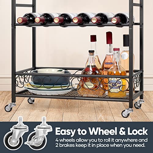 Melos Bar Cart, 3 Tier Mobile Bar Serving Cart, Rolling Wine Cart With Glass Stemware Rack And Wine Bottle Holders, Industrial Style Kitchen Serving Cart For, Kitchen, Living Room, Dining Room(Black) #TOP4