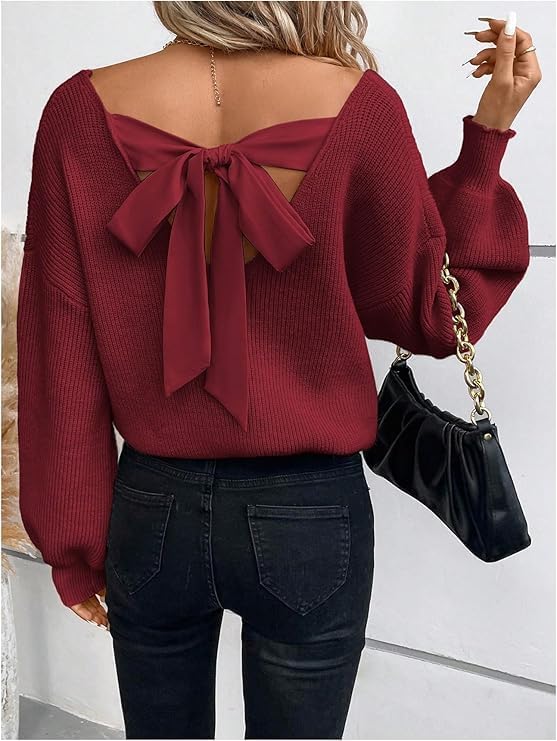 Chvity Christmas Party Sweater Elegant Backless Bow Trendy from Home Cozy Green Sweater - Image 3