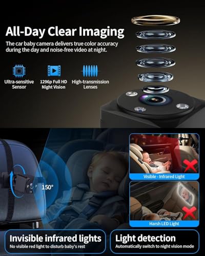 Cámara de coche de bebé con pantalla táctil de 7 pulgadas y resolución ultra 1080p 4