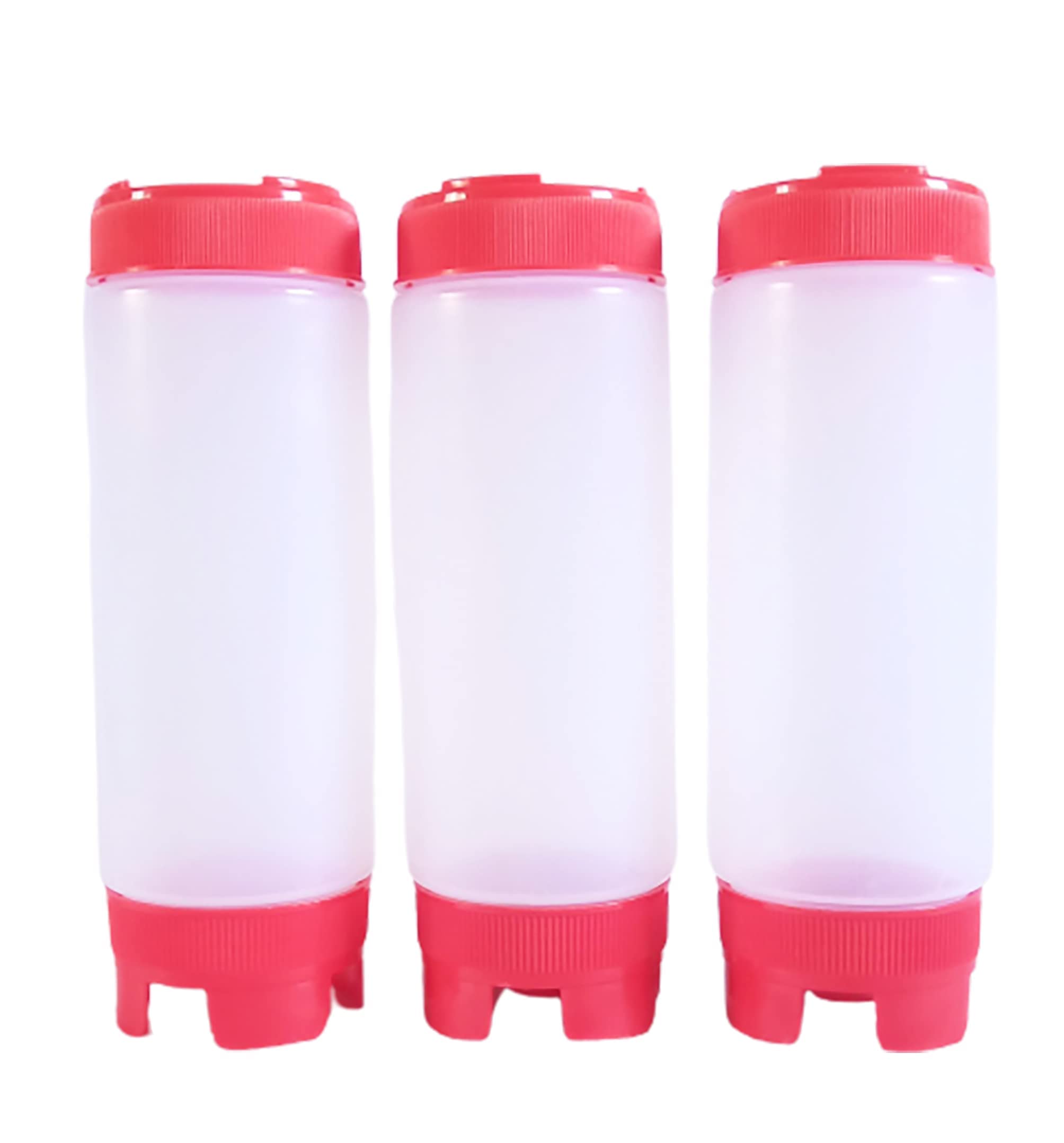 3pc FIFO Bottles for Kitchen Use Squeezy Sauce bottle with Fancy Red color Lids Clear Low Density Polyethylene 450ML Pack of 3