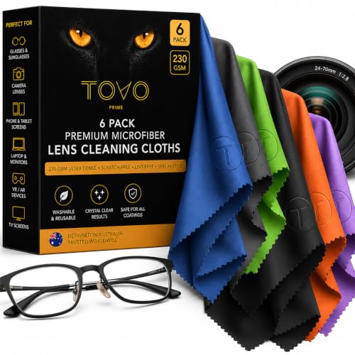 TOVO Prime Microfiber Cleaning Cloth – 6 Pack, 230 GSM Ultra Soft Lens Cloth for Glasses, Camera & Screens, Streak-Free, Lint-Free, Scratch-Safe (6x7 Inch)