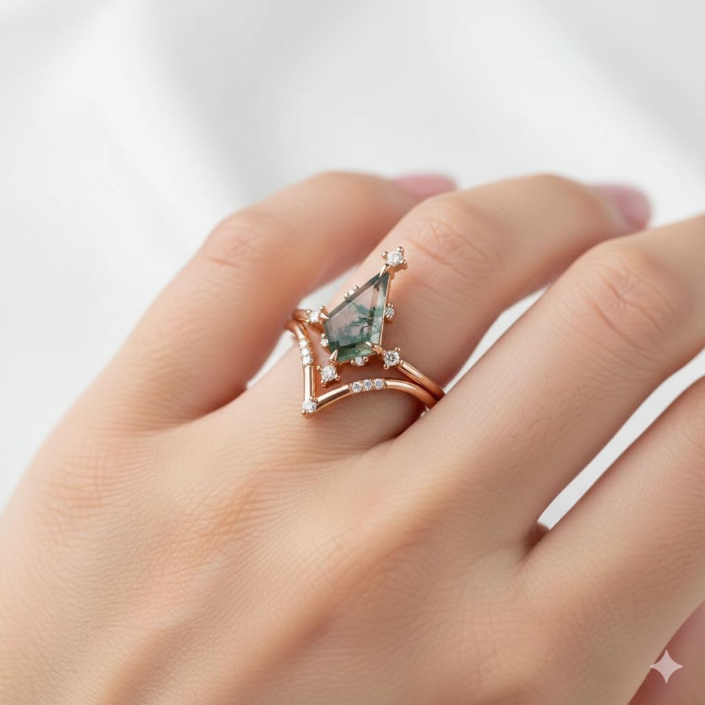 Kite Shape Natural Moss Agate Engagement Ring Set 2 Piece 925 Sterling Silver Art Deco Bridal Wedding Ring Set for Women, Vintage Inspired Prong Set Promise Wedding Ring