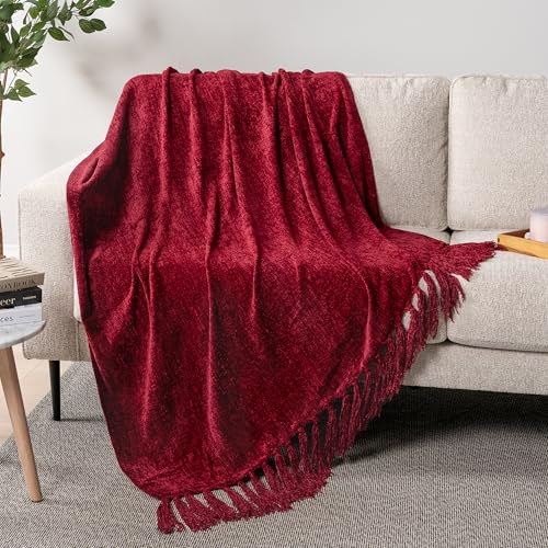 PAVILIA Burgundy Red Throw Blanket for Couch, Soft Wine Dark Maroon Red Knit Blanket with Tassel Fringe, Woven Chenille Knitted Decorative Blanket for Sofa Bed Living Room, Decor Gift, 50x60 - Cosy Home Interiors PAVILIA Burgundy Red Throw Blanket for Couch, Soft Wine Dark Maroon Red Knit Blanket with Tassel Fringe, Woven Chenille Knitted Decorative Blanket for Sofa Bed Living Room, Decor Gift, 50x60 - Image 3