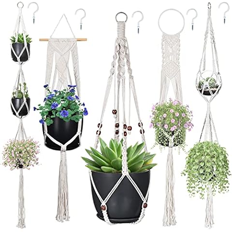 Macrame Plant Hangers, Hanging Planters Set of 5 with 5 Hooks, Hanging Planters for Indoor and Outdoor Plant Décor, Different Tier (5 Sizes) Beige Cover