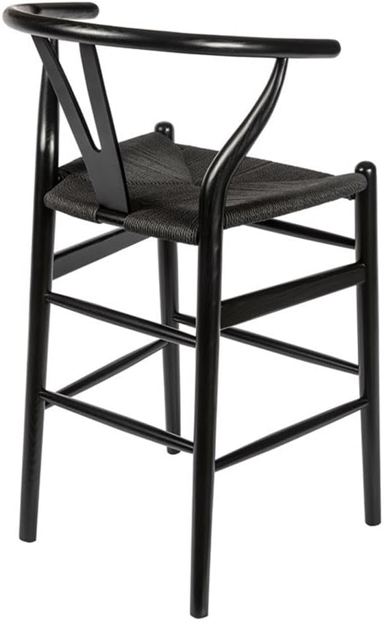 Pemberly Row Contemporary Rattan Counter Height Stool, Black Finish, Solid Ash Wood, Woven Paper Cord Seat, 22.5" W x 21.5" D x 38.75" H, Modern Design Bar Stool, No Assembly Required
