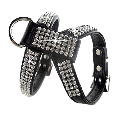 Eizur Réglable Chien Harnais PU cuir avec Strass Bling diamant sans-tirer Sécurité Durable Easy Fit Poitrine Faisceau pour Chiens Animaux Taille S-Noir