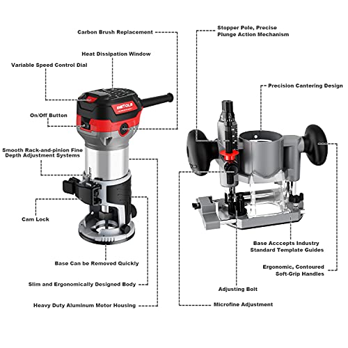Wetols Compact Router Tool Set, Fixed/Plunge Base Kit, 6 Variable Speed, 1-1/4-Hp Max Torque, Must Have Woodworking Tools With Carrying Case & Edge Guide And Parallel Guide #TOP2