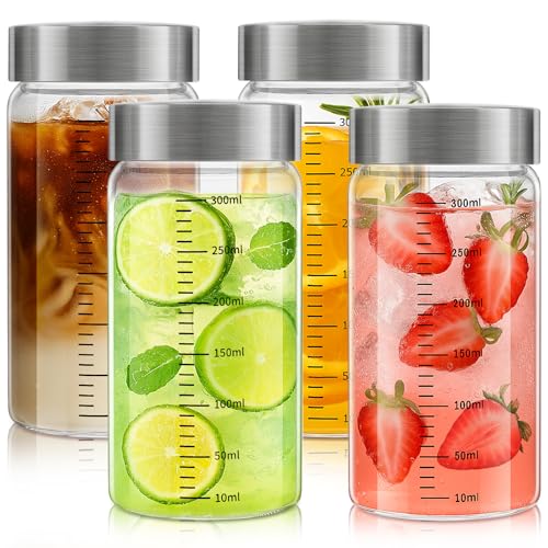 Acsatont Glasflaschen 300ml mit Edelstahl Deckel, 4 Stück Glasflaschen mit Messskala, Smoothie Flasche Wiederverwendbare für Säfte, Milch, Nudeln, Mehl, BPA-frei (300ML)